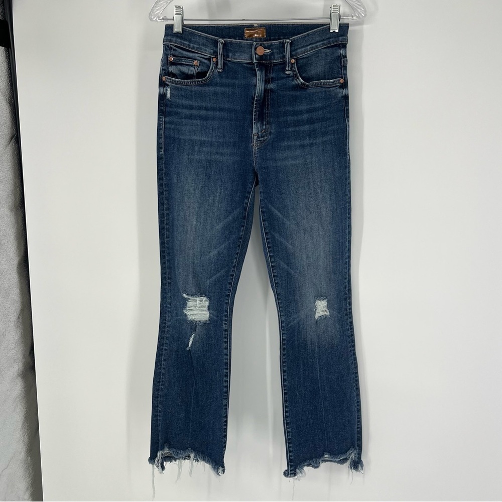 Mother The Insider Crop Step Chew Distressed Dark Wash Jeans in Dancing on Coals